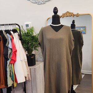 Eileen Fisher Olive V-Neck Relaxed Fit Midi Dress Size S - Classic Layers